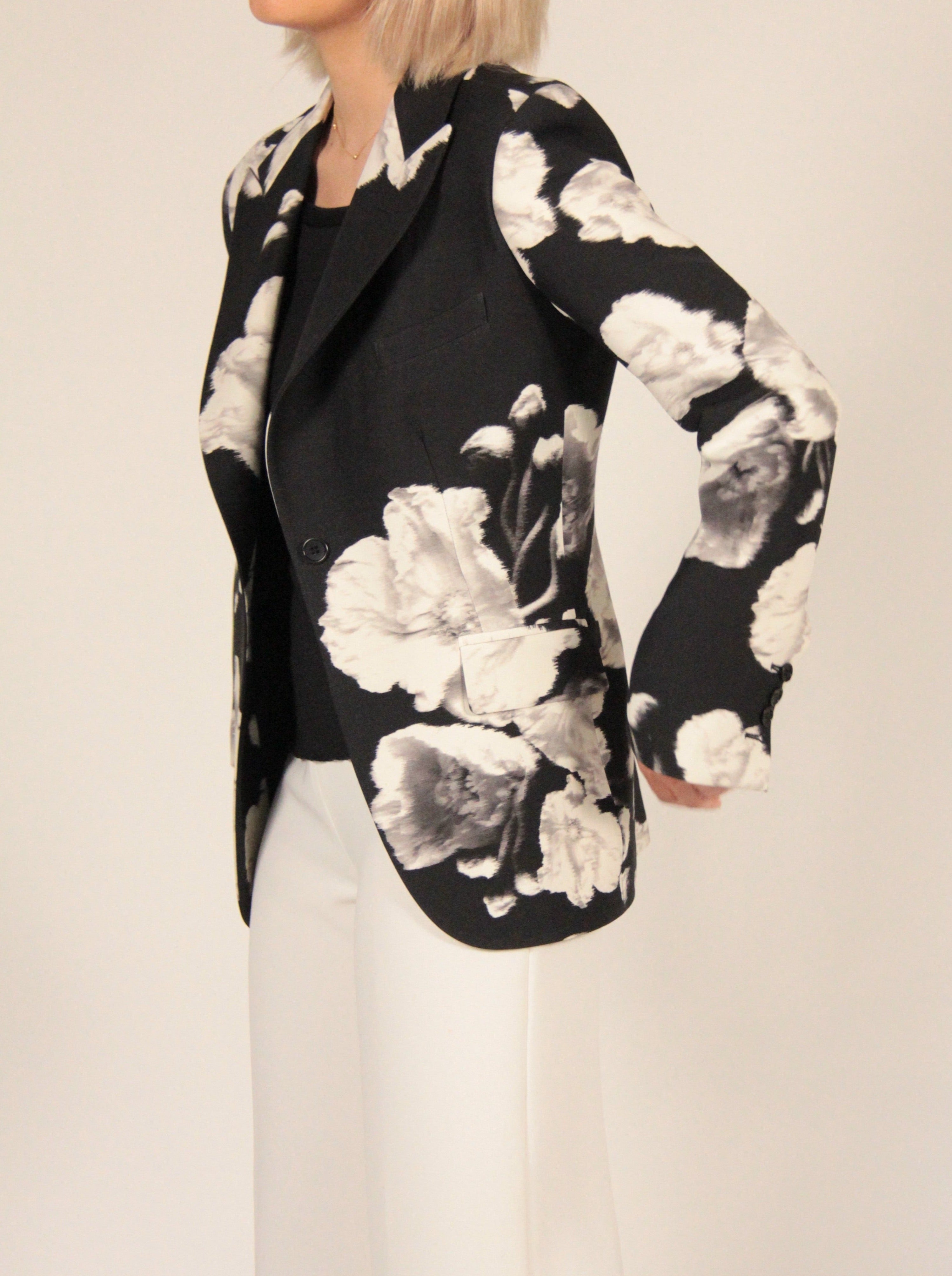 Floral wool silk single-breasted peak lapel blazer